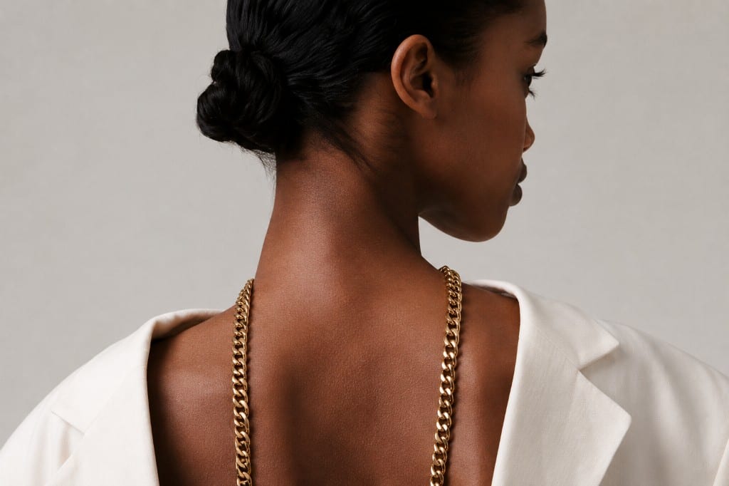 Model wearing a heavy gold curb-link back chain — bold body jewelry from Undaunted Treasure Trove